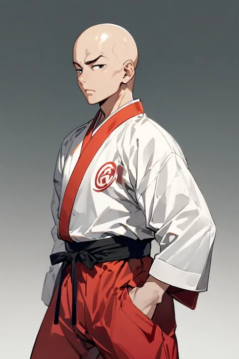 a  boy, bald, karate costume