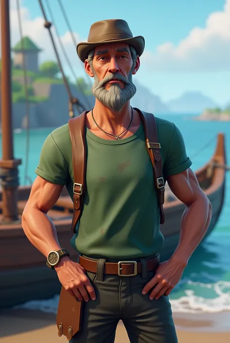  create a Fortnite game-style image of a man who wears a wool hat,  a worn green t-shirt  , high boots for fishermen . The man is 50 years old, his hair is gray and he has a mustache  . His body build is thin without muscles.