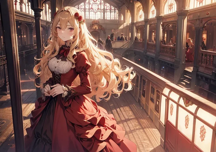 A blonde-haired woman with wavy, rose-adorned hair, her soft, detailed face inspired by the uploaded image. She wears a dramatic crimson gown with a flowing train, posing gracefully on a Victorian-era train station platform as the faint sound of steam engi...