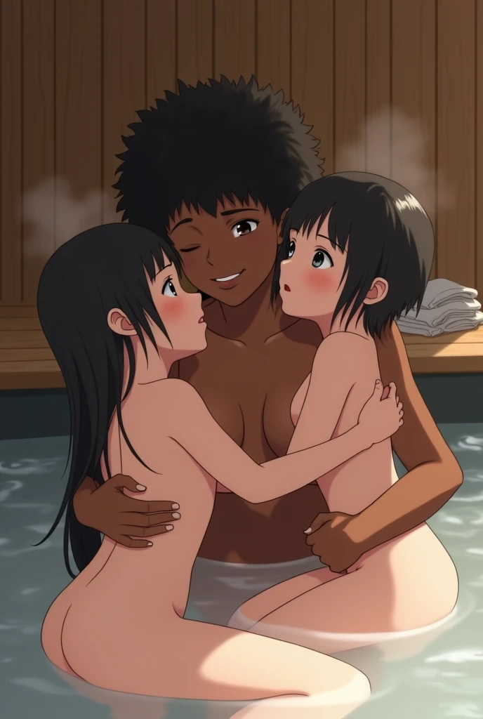 The dark-skinned mother of a beautiful girl in the anime and her white-skinned twin daughters are taking a bath completely naked