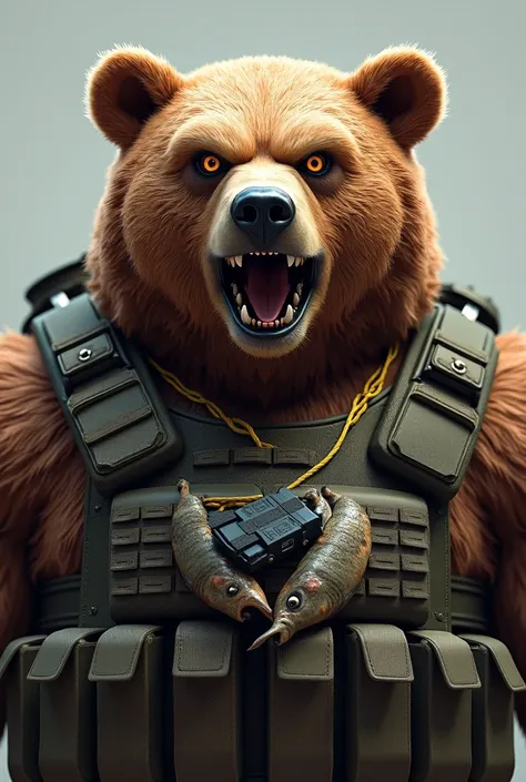 Generate 3D image of an angry bear wearing a bulletproof vest radio on the waist and golden cord eating fish 