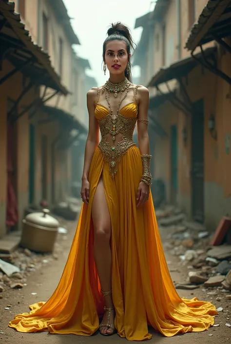 Create the image of this very rich reference character , all elegant,  exaggerated in gold and emerald jewelry wearing a divine and elegant very realistic dress on a poor street