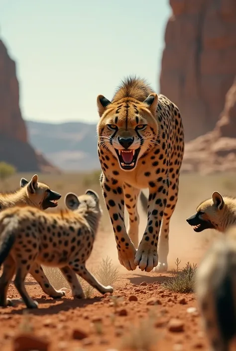 The cheetahs anger, The hyena pack is afraid, 8K, UHD, High details, Realistic. 