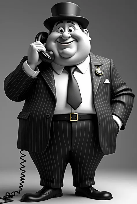 a fat man in a animated suit making a black and white call