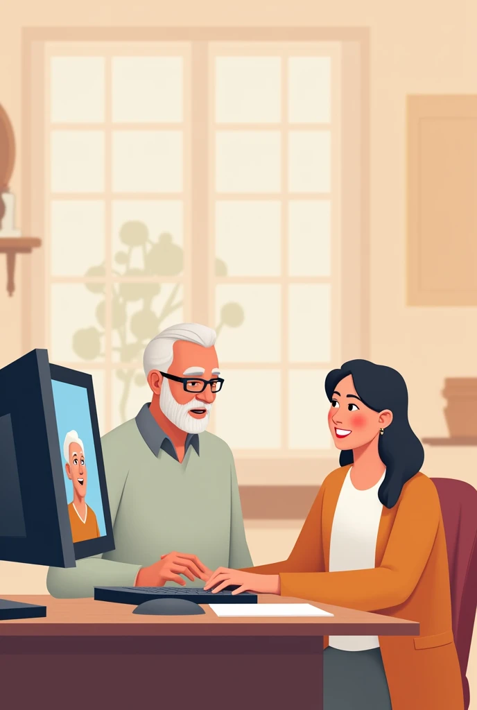 A staff member remotely helps an elderly person operate a computer, flat illustration