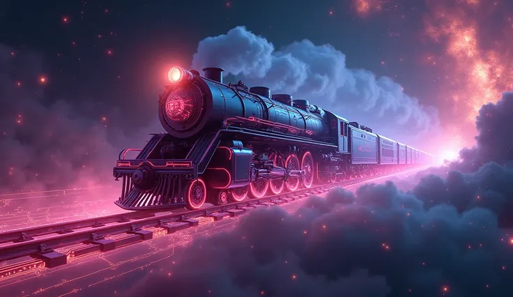 cosmic train, steam locomotive, floating in space, cyberpunk, glowing circuit patterns, temporal distortion, space-time vortex, neon lights, futuristic design, cosmic energy, high tech details, digital art, ethereal atmosphere, nebula background, dramatic ...