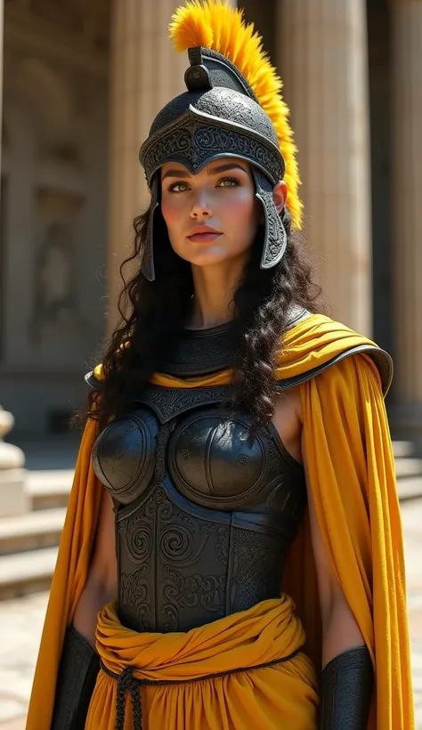  beautiful goddess wearing ancient Roman black iron armor with gorgeous relief。Deep yellow cloak 。 Ancient Roman helmet with gorgeous deep yellow feather decoration 