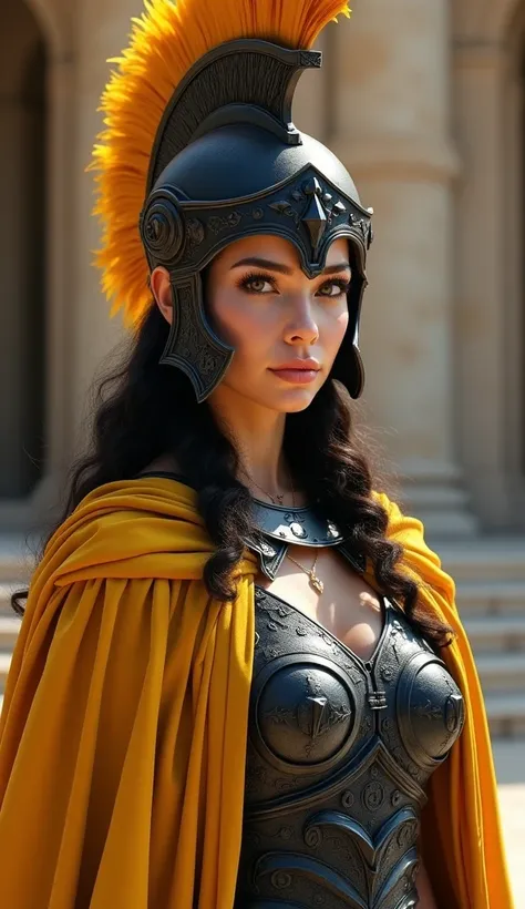  beautiful goddess wearing ancient Roman black iron armor with gorgeous relief。Deep yellow cloak 。 Ancient Roman helmet with gorgeous deep yellow feather decoration 