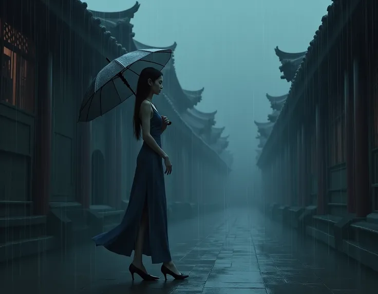 In a cool color, realistic style, depict a young Chinese woman in her early twenties on a dark, rainy day, with heavy rain pouring down. She is wearing a sleeveless, high-slit qipao in cool colors and black high heels, walking on an ancient street, reveali...