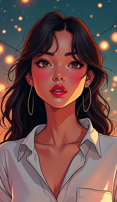 DISCREET image. with discreet casual clothes. adult image, american woman. She is celebrating New Years Eve with a white blouse. comic book style. IMAGES WITH VIBRANT COLORS. FOCUS ON THE FACE.