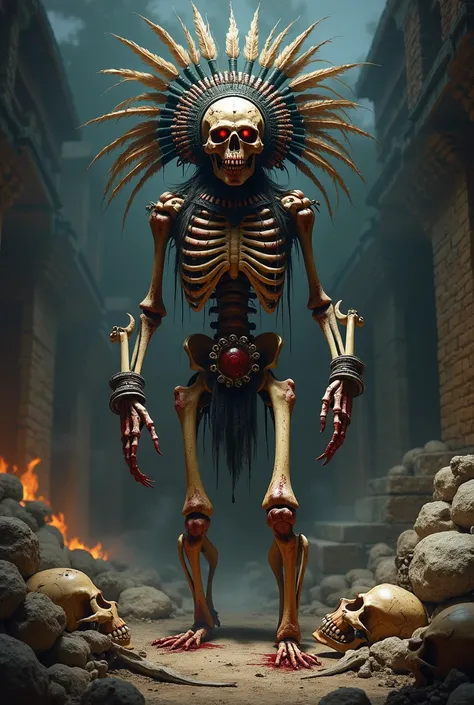 A horrifying and grotesque depiction of Mictlantecuhtli, the Aztec god of death, standing in a shadowy underworld. His skeletal body is decayed and cracked, with ancient blood stains marking his bones. His hollow eye sockets glow with a sinister red light,...