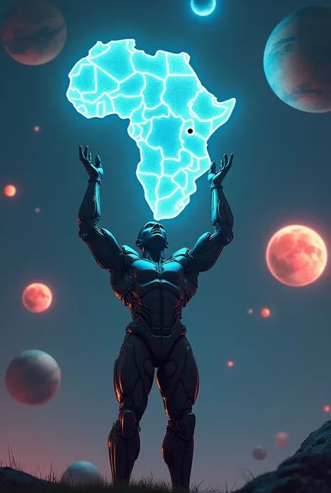 Half robot, half man lifting with immense pride a large phosphorescent map of Africa in the middle of several bright planets 