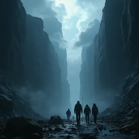  The explorers advance through a huge rift that broke an entire mountain range in half. The interior of this rift is dark and stormy .
