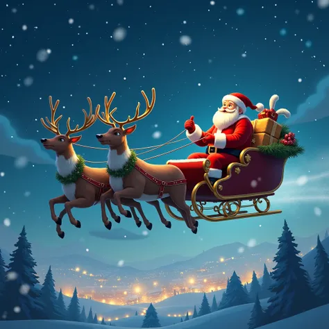  Santa Claus in a flying sleigh pulled by reindeer , crossing a starry sky .  The scene is magical and full of movement ,  with the city illuminated in the background and snow falling gently.