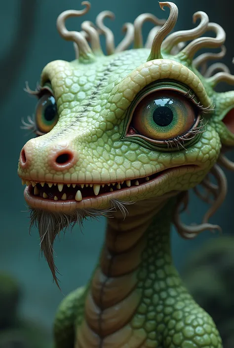  the face of a reptilian human whose hair is curled, thin eyebrows , with 3 round eyes with a star-shaped iris , a small nose,  with the mouth open,  with pointed teeth , with beard, in cartoon style