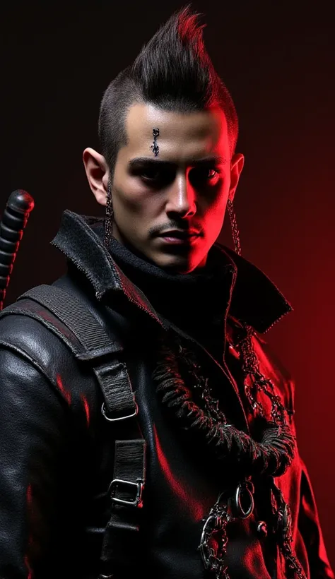  hyperrealistic:1.5,  a close up of a man with pointed mohican hair scars on his face mechanical parts leather jacket with a high collar,  wears two swords on his back are sheathed , punk ornaments on his jacket ,  necklace of chains and spikes ,  is looki...