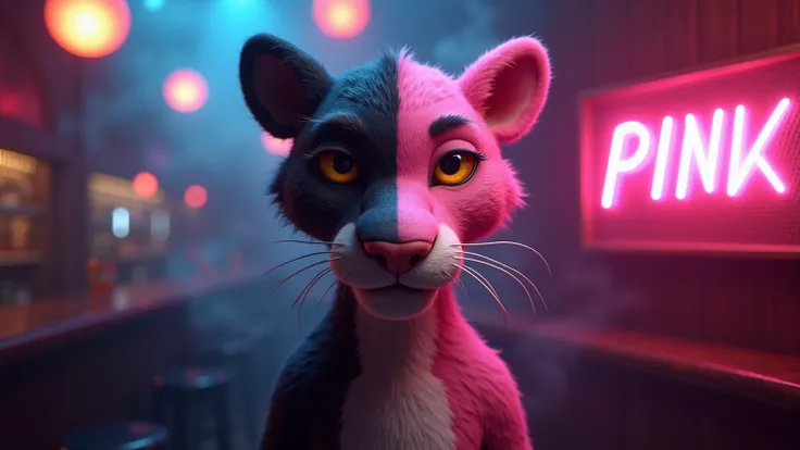 A hyper-realistic, cinematic portrait of the Pink Panther split vertically down the middle - left side in vibrant pink, right side in sleek black, standing in a dimly lit pub atmosphere. 3D title floating in front reading "~~Black~~ PINK Friday" where "Bla...