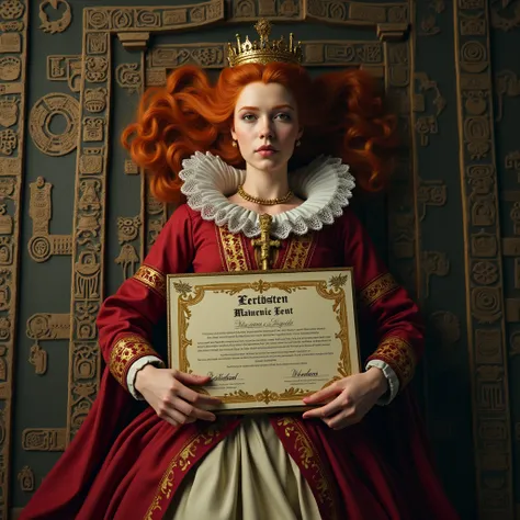 (photorealism:1.2), beautiful Queen Elizabeth, ginger hair, holding a large fancy royal certificate, laying face up on an aztec sacrifice altar. A medieval priest lays face down on top of her.