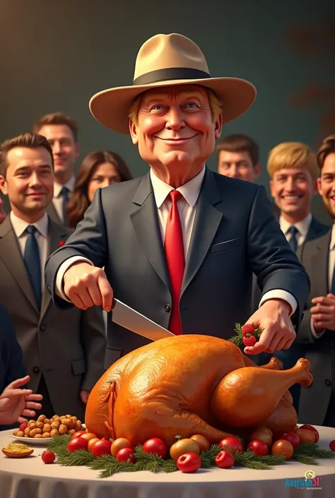 create a caricature of a cooked turkey, on a table, that is ready to be distributed on the day of action and thanks, the one who is preparing to cut the turkey with a knife in his hand is Donald trump, ready to distribute the turkey to several people aroun...