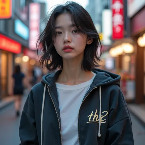 Sexy Korean Beautiful Girl Standing Alone,Wear a hoodie,On the shirt it says tha2,In the back is the Japanese trade street