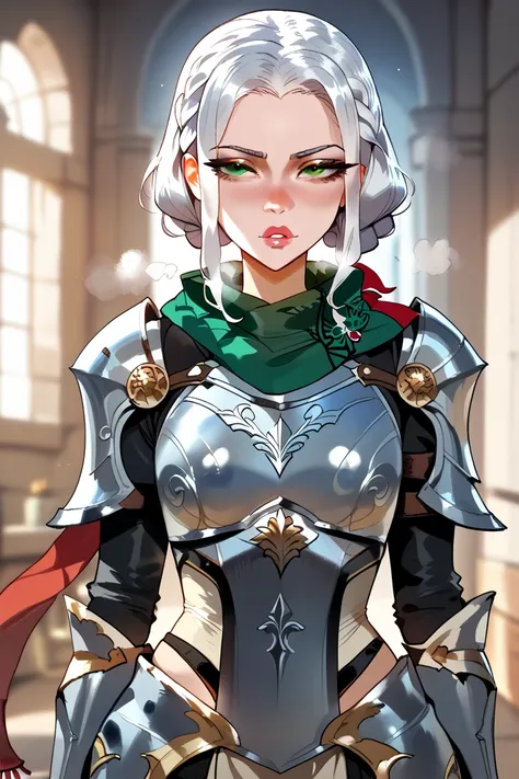 short white hair, braided hair, female, sharp facial features, thin lips, straight nose, sharp eyes, dark green eyes, small breasts, light skin, althetic musculature, slender physique, beautiful, tall, wide hips, steel armour, furred thick scarf, cold expr...