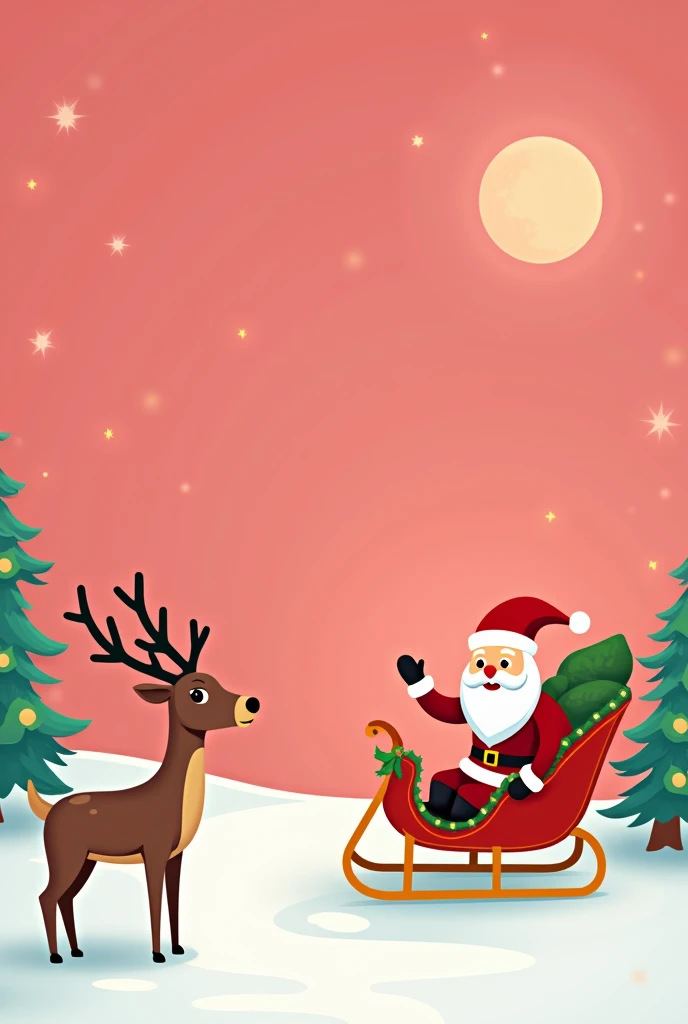 pink background with Christmas reindeer in the corner and in the other corner Santa Claus with his sleigh