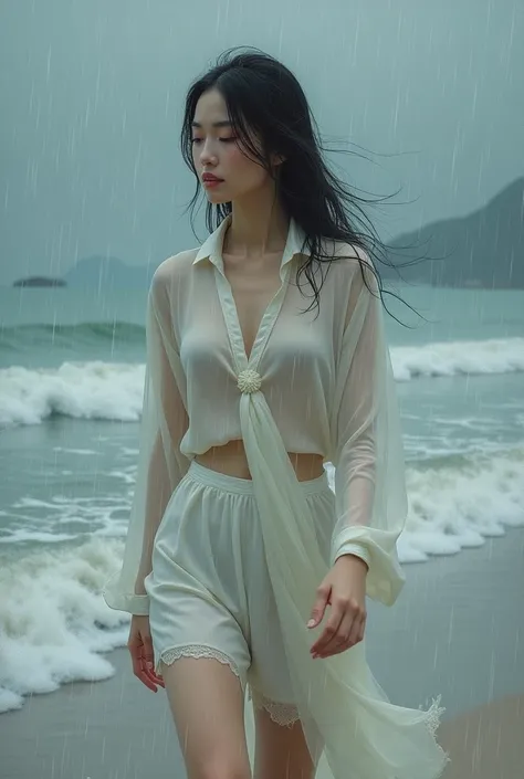  A painting depicts a Chinese woman walking by the beach in heavy rain.  She wears a thin white satin shirt sheathed in white satin. Her rare clothes are wet in the rain 