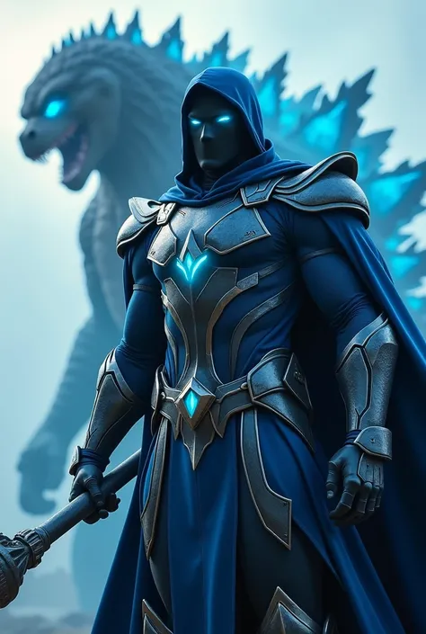 A black-masked superhero wearing an all-blue outfit with an iron rod that controls the elements of nature, the face this is black, armadure this is iron, eyes light blue and gojira big