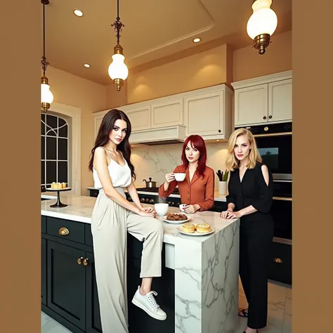 Three girls, one with long dark brunette hair, one with blonde hair, the other with red hair all in the grand Canadian Castle kitchen, near the marble kitchen counter, the dark brunette female sitting on top of the counter, the red head model holding a hot...