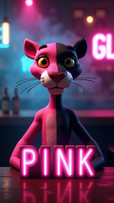 A hyper-realistic, cinematic portrait of the Pink Panther split vertically down the middle - left side in vibrant pink, right side in sleek black, standing in a dimly lit pub atmosphere. 3D title floating in front reading "~~Black~~ PINK Friday" where "Bla...