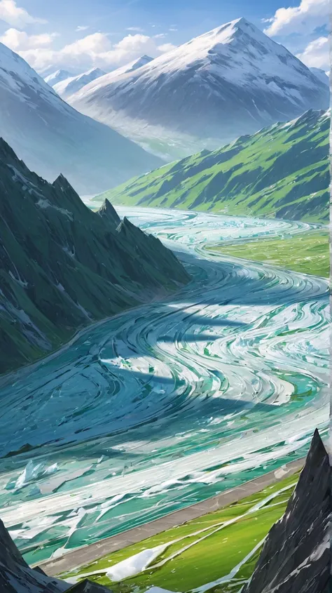 Ice dominates mountains that were once green.