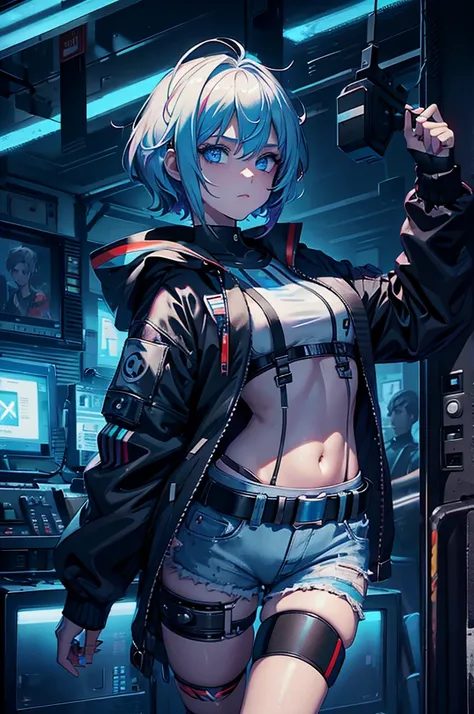 DJ TWIWAVE, at a futuristic electronic music show, holding a bright flag with a technological geometric design. She has short white hair, colorful blue eyes, and a confident and 