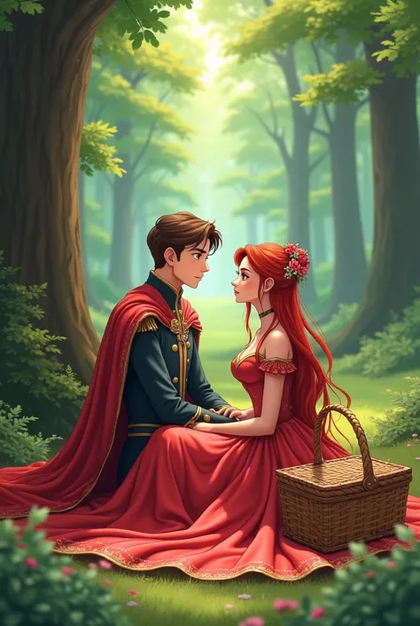 King and queen couple ,  the queen in the red dress ,  long red hair ,  brown eyes ,  the brown-haired king ,  brown eyes  ambos en un picnik en el bosque estilo anime