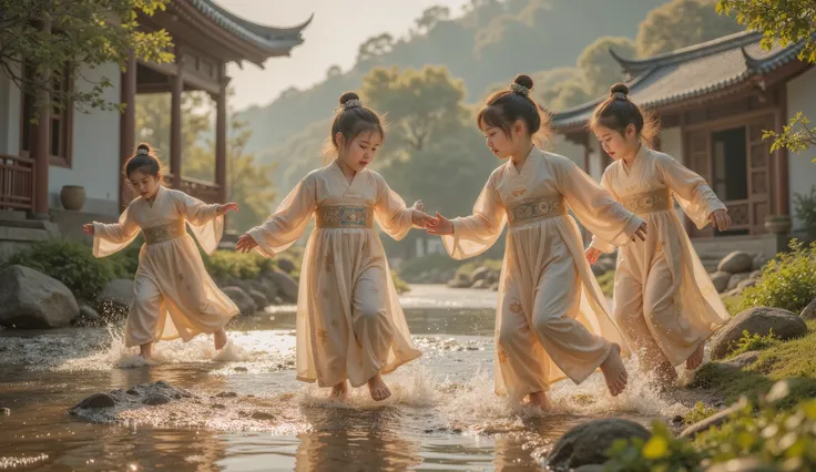 Tang Dynasty,The camera moves slowly, A group of girls and boys are playing by the small river at the head of the village,They are wearing Hanfu , the sun shines on them 。