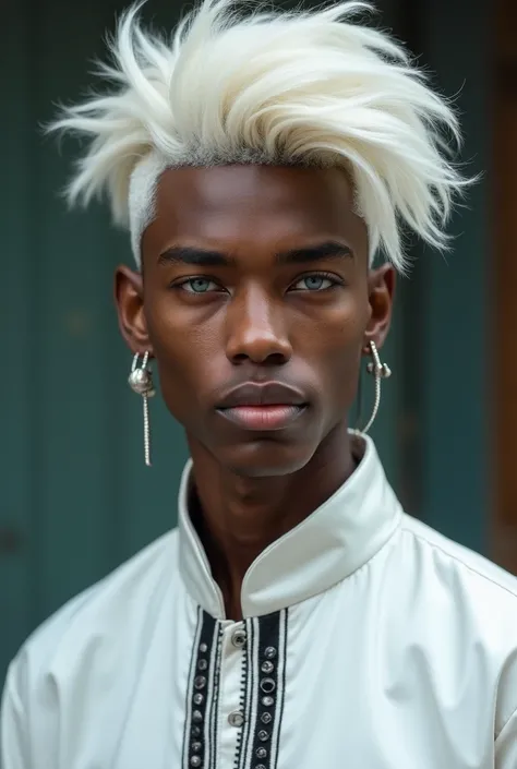  A 19-year-old dark-skinned boy with freckles on his face , white hair brushed upwards , white eyebrows and white eyelashes,  blue eyes, a lower lip piercing ,  long silver earrings and a traditional white Chinese shirt with black details on the collar.