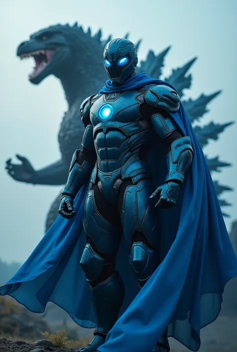 A black-masked superhero wearing an all-blue outfit with an iron rod that controls the elements of nature, the face this is black, armadure this is iron, eyes light blue and gojira big