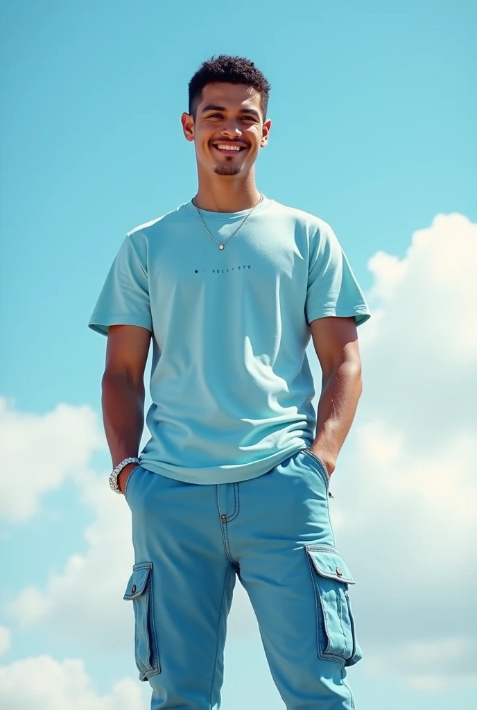  A Latino man dressed in a light blue Hollister t-shirt in the center, sky blue Jogger cargo pants and white Converse sneakers 