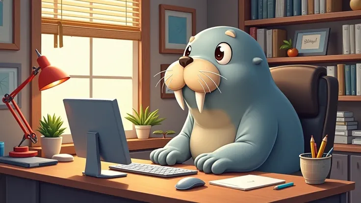 Illustration of a cute walrus working on a PC