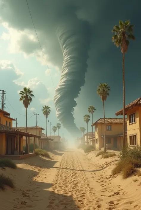  sandstorm with tornados sand sebre the left of the town covering a small sandy town women and girls trapped in the middle of an earthquake. Tsunami over the right of the town  