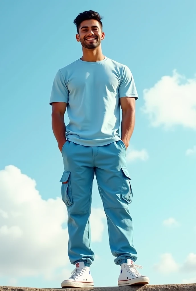  A Latino man dressed in a light blue Hollister t-shirt in the center, sky blue Jogger cargo pants and white Converse sneakers 