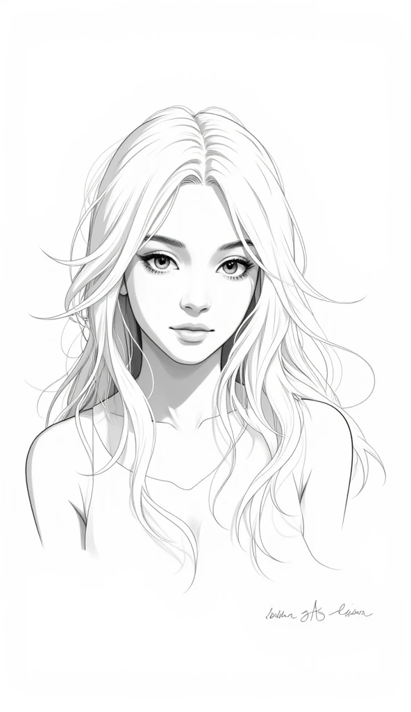 Draw an image of a Caucasian girl with long hair, depicted in a minimalistic graphic style. Her locks should be flowing, and her eyes expressing tranquility. The drawing should not contain any colour, instead, it should be purely monochrome, playing solely...