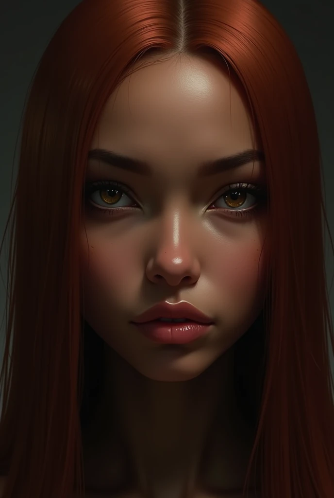  You can create an image of a dark woman with slightly dark skin with straight and long reddish brown hair, slightly slanted brown eyes and a little bumpy nose and round face Eyes a little saggy 