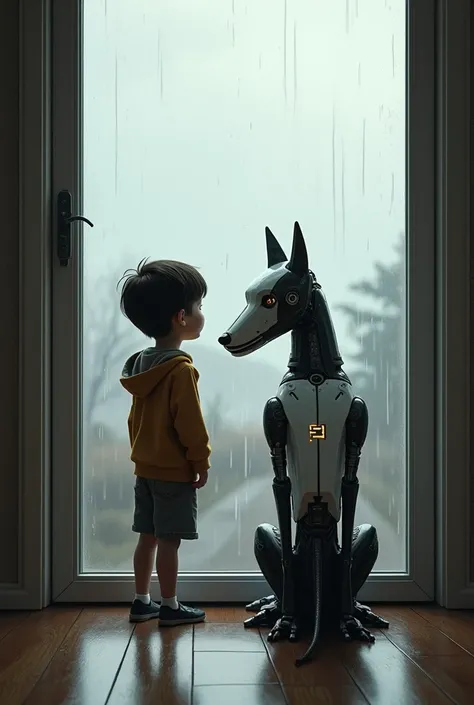  A boy named Max and his robot dog, Bolt, are standing by a window ,  looking out . It is raining 