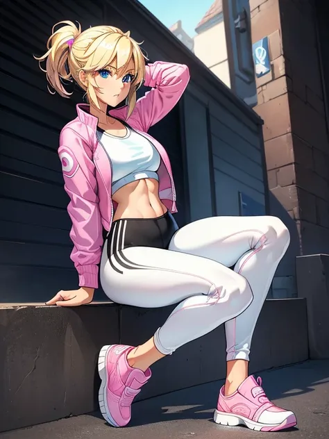 (masterpiece:1.2), best quality, high resolution, unity 8k wallpaper, (illustration:0.8), 1girl, solo, a woman in her mid 20s, shes a Zoomer, blonde hair with blue highlights, blue eyes. ((Wearing: pink jacket, white crop-top, black Lululemon-branded leggi...