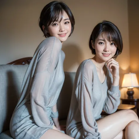  best quality,  face focus, Soft light, ( depth of writing) ,  ultra high resolution , (Photographically:1.4),  RAW photos , (Mood Lighting,   knight :1.2), bedroom,
(Upper thigh:1.4)
 1 Japanese girl , Alone, cute, Cute, (shy, smile:1.1), ( Brown Eyes ), ...