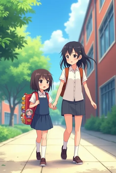 Anime A Middle School Sister And A Girl Carrying An Elementary School Backpack Are Leaving School Together。 pretty girl