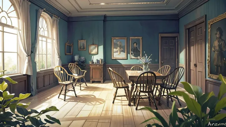 Administration room 　 Windsor chair　 concept art　Dreamy details　 background only　 dreamy atmosphere　 background only