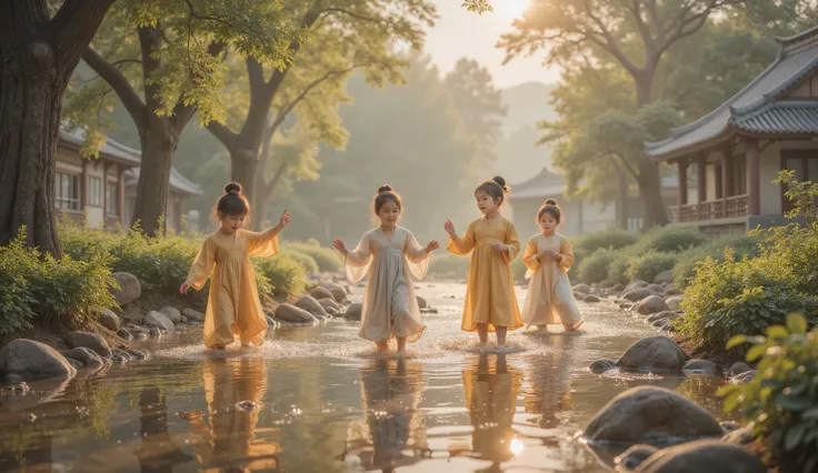 Tang Dynasty, soft natural light ,The camera moves slowly, A group of girls and boys are playing by the small river at the head of the village,They are wearing Hanfu , the sun shines on them 。