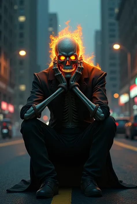 Ghost rider is sitting with his hands on his cheek, ghost rider is seeing someone. Background aria is city road 