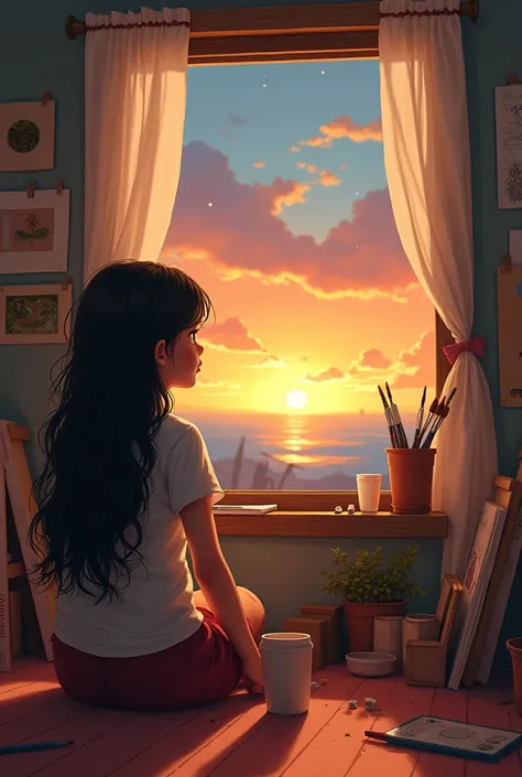 A young girl with long dark hair, sitting in a cozy room filled with art supplies. She is looking out the window, gazing at a beautiful sunset or landscape, imagining herself as an artist. The room has a handmade feel, with sketches and paintings pinned on...